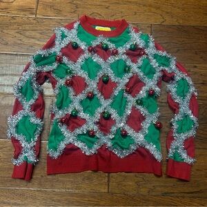 Tipsy Elves tinsel ornament Holiday Christmas ugly Sweater